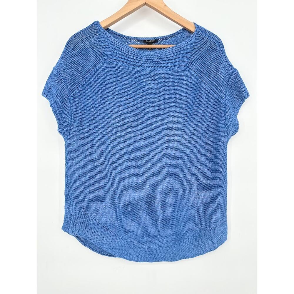 TALBOTS Size M‎ 100% Linen Knit Sweater Top Short Cap Sleeve Blue Coastal Beachy
